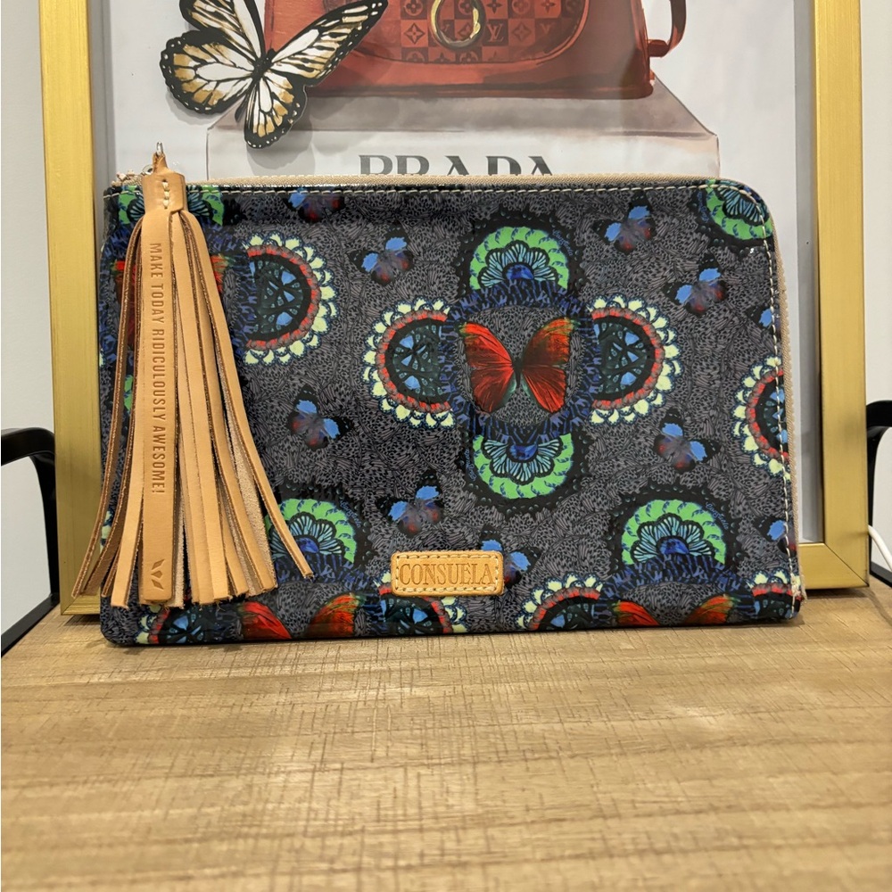 Consuela Jessi L-Shaped Gray Clutch with Red, Blue, Green Accents